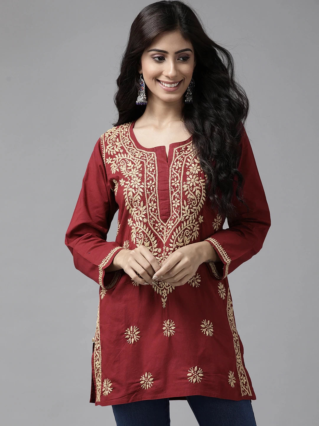 Ada Hand Embroidered Maroon Cotton Lucknowi Chikan Short Kurti A250481
