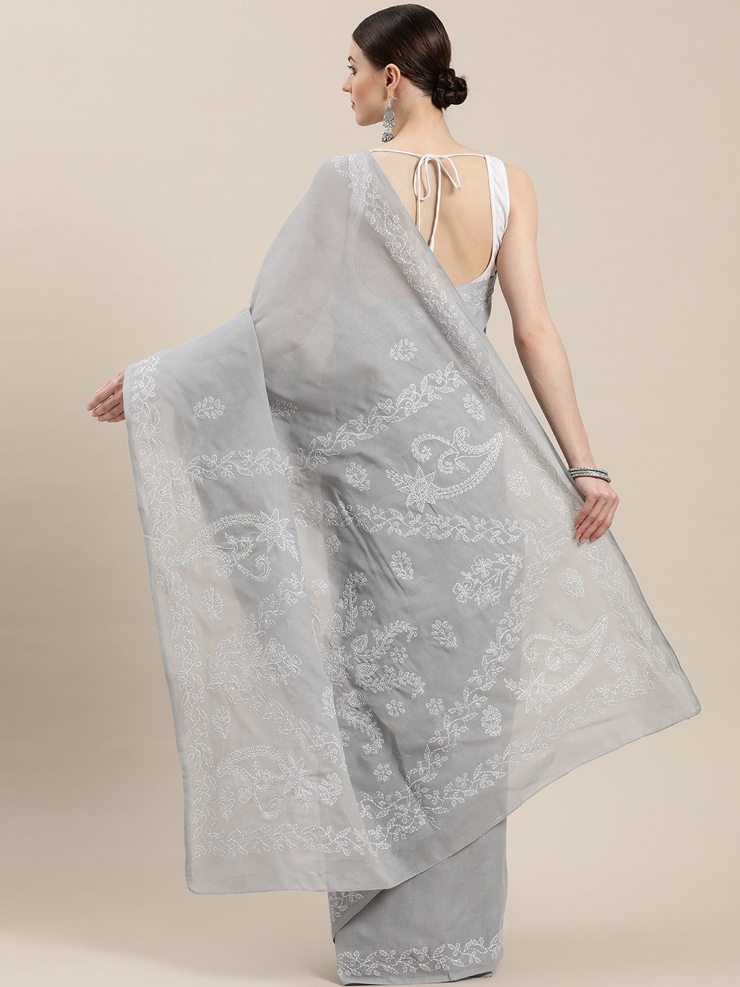 Ada Hand Embroidered Grey Cotton Lucknow Chikan Saree with Blouse A100313