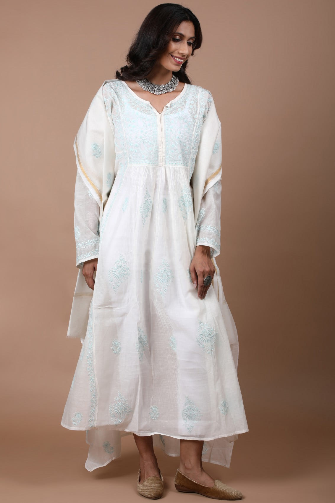 Ada Hand Embroidered Cream Chanderi Lucknowi Chikankari Semi-stitched Anarkali Kurta Dupatta Set 01A268037