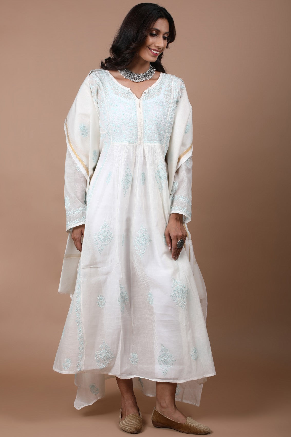 Ada Hand Embroidered Cream Chanderi Lucknowi Chikankari Semi-stitched Anarkali Kurta Dupatta Set 01A268037