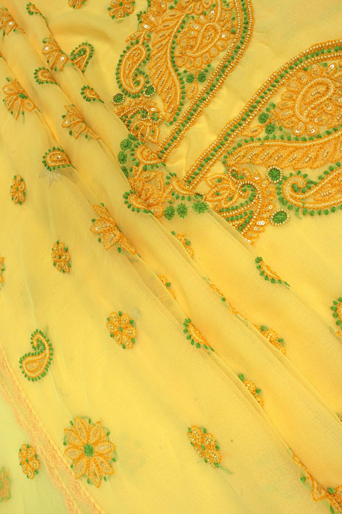 Ada Hand Embroidered Yellow Georgette Lucknowi Chikankari Unstitched Suit Piece With Pearl Work 01A41449