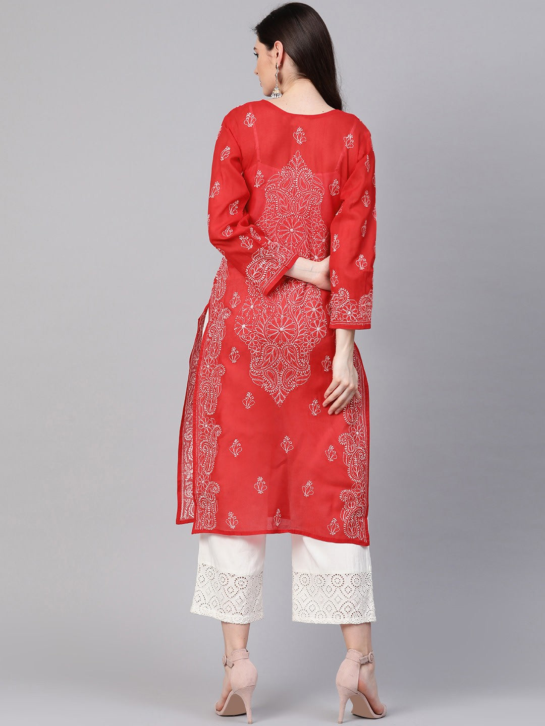 Ada Hand Embroidered Red Cotton Lucknowi Chikankari Straight Kurta A100358