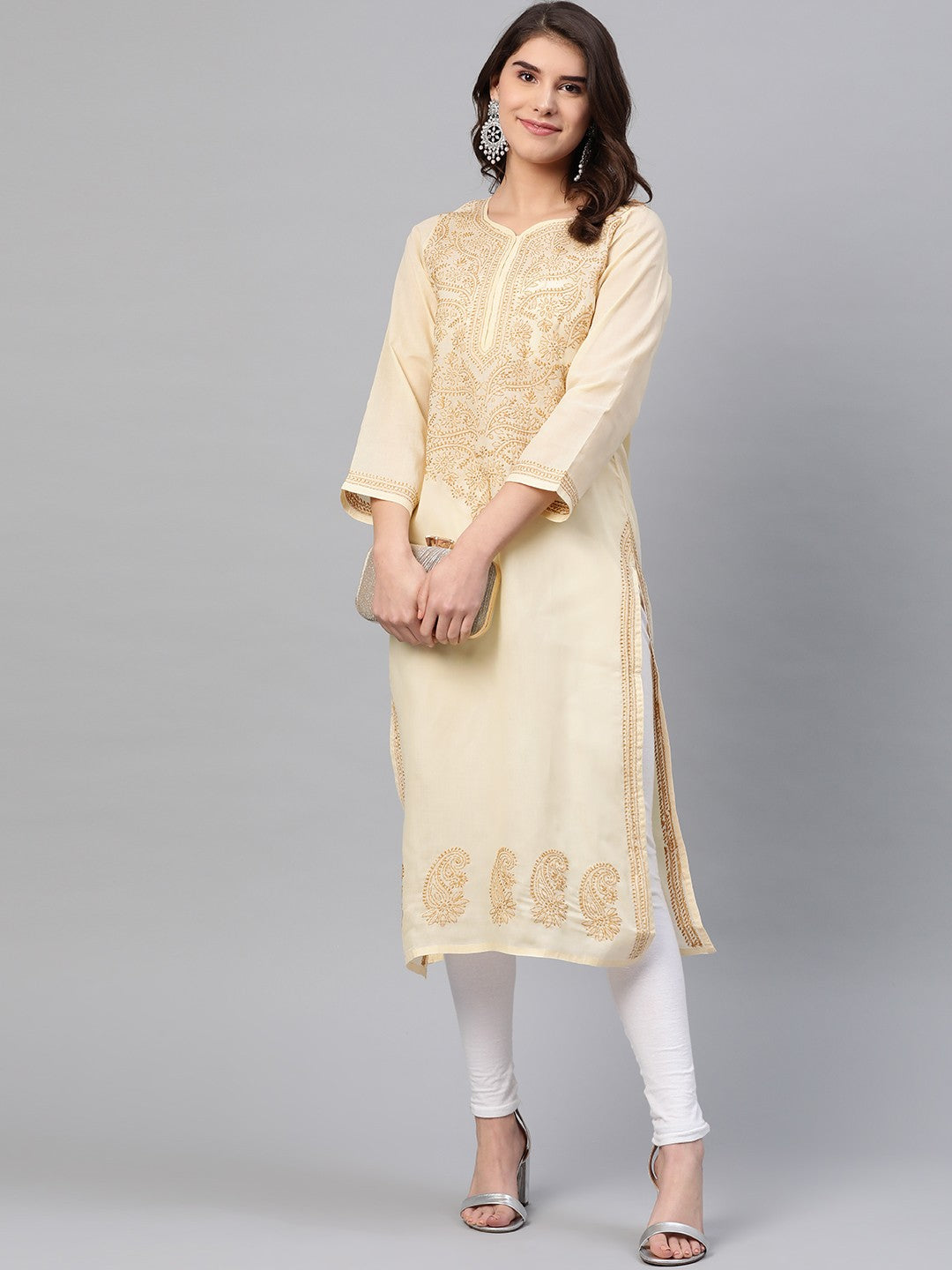 Ada Hand Embroidered Beige Cotton Lucknowi Chikankari Straight Kurta A227642