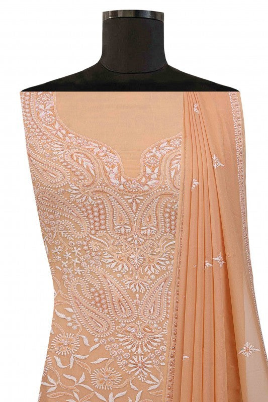 Ada Hand Embroidered Peach Pure Georgette Lucknowi Chikankari Unstitched Suit Piece With Sequinned Work A105959