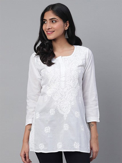 Ada Hand Embroidered White Cotton Lucknowi Chikankari Short Kurti A359765