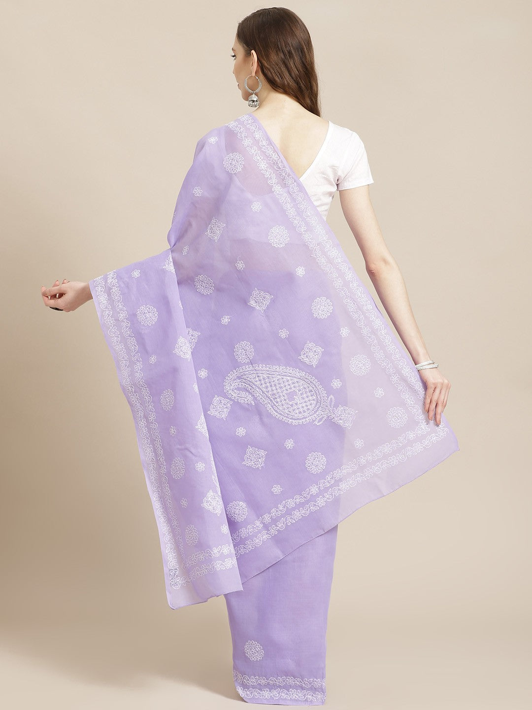 Ada Hand Embroidered Mauve Cotton Lucknow Chikan Saree With Blouse-A311223
