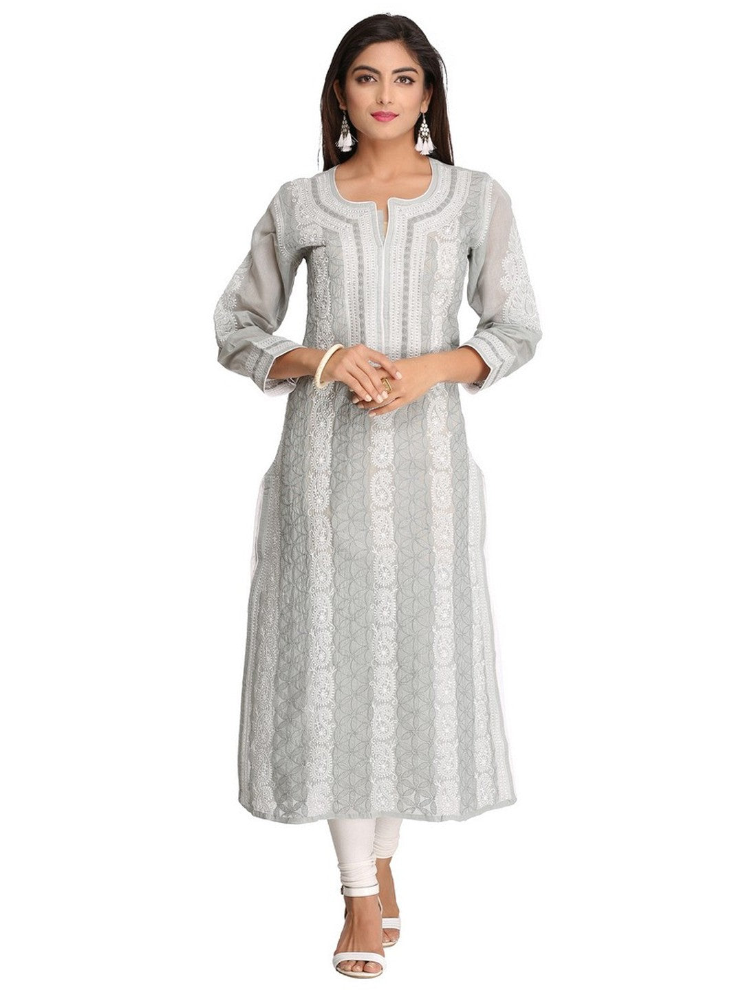 Ada Hand Embroidered Grey Cotton Lucknowi Chikankari Straight Kurta A254288