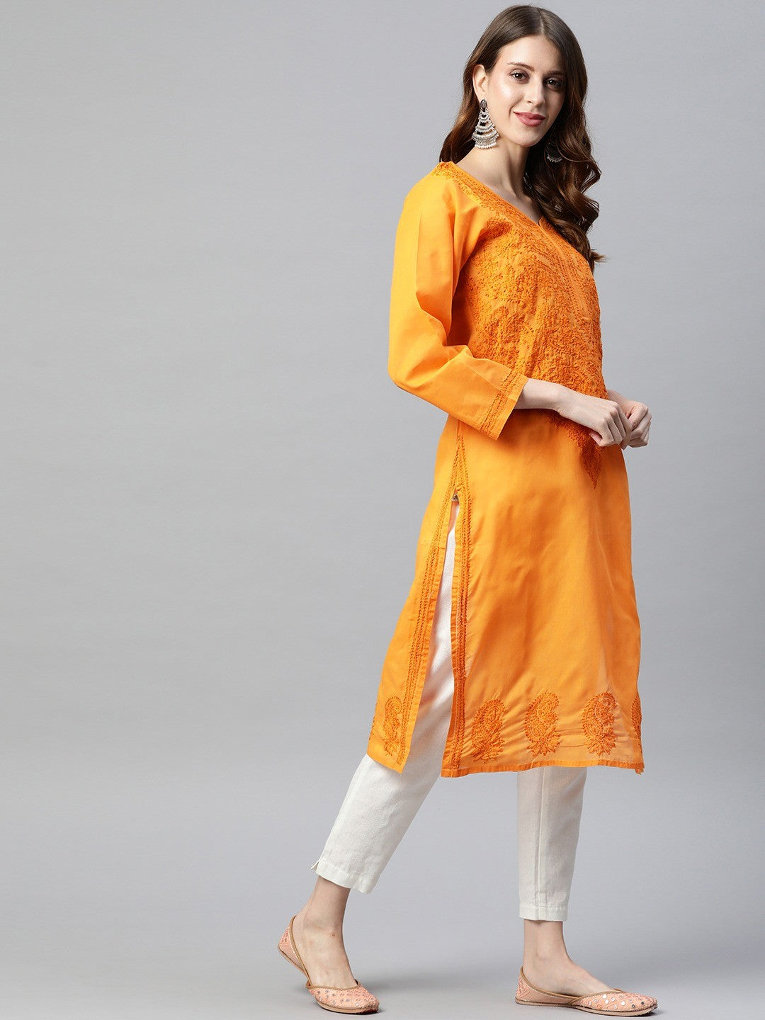 Ada Hand Embroidered Mustard Cotton Lucknowi Chikankari Straight Kurta A231359