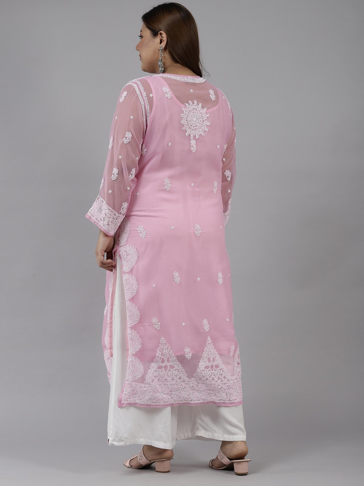 Ada Hand Embroidered Onion Pink Georgette Lucknowi Chikankari Straight Kurta With Slip A411197
