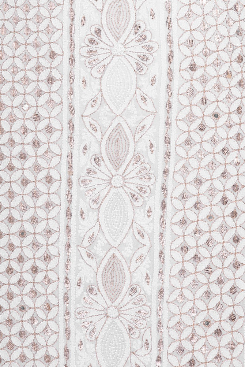 Ada Hand Embroidered White Pure Georgette Lucknowi Chikan Unstitched Kurta Dupatta Set With Gota Patti Work- A454104
