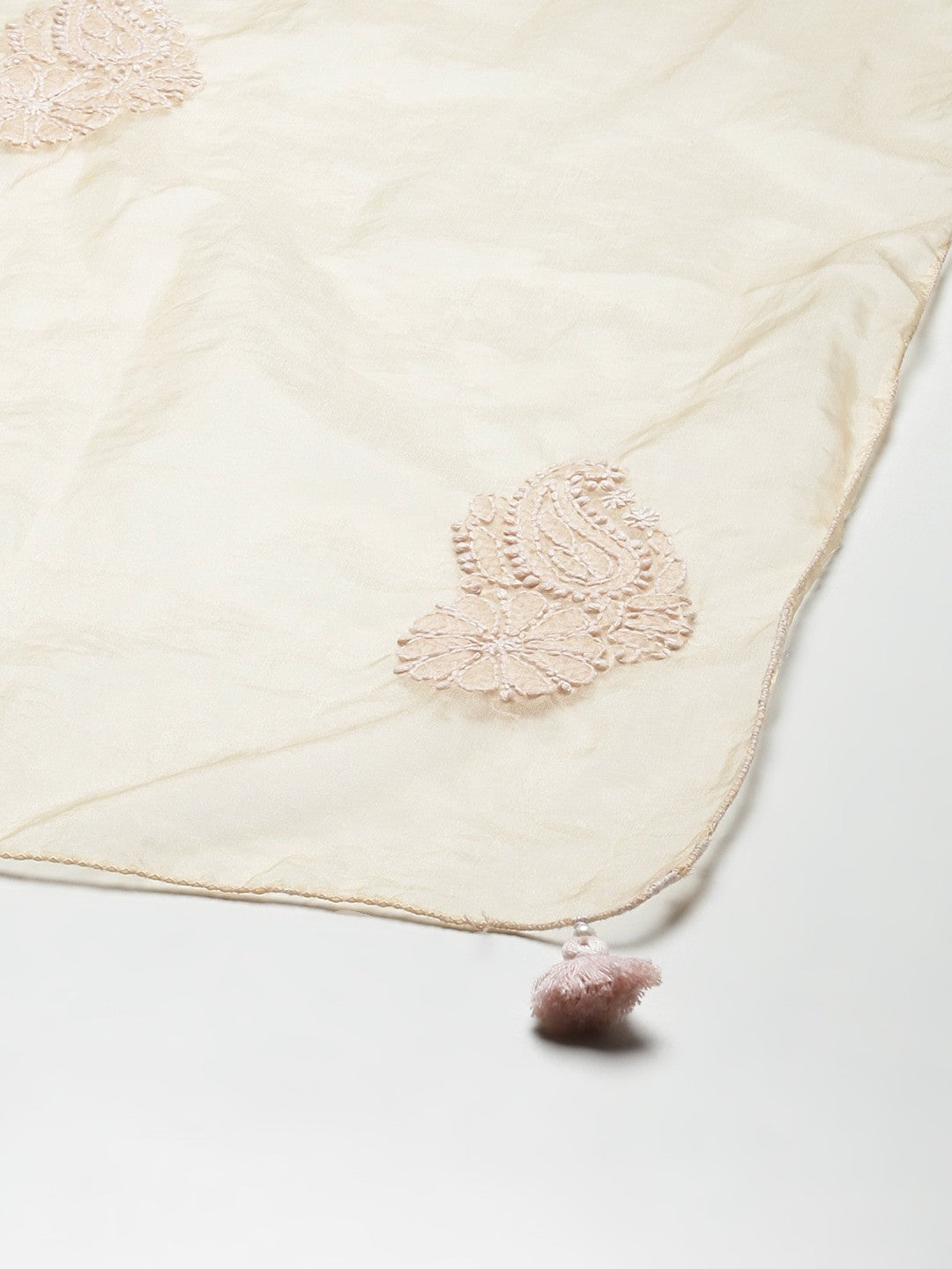 Ada Hand Embroidered Fawn Organza Lucknowi Chikankari Dupatta A511202