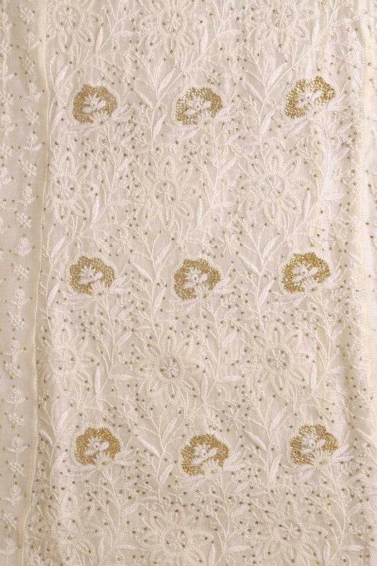 Ada Hand Embroidered Cream Chanderi Lucknowi Chikan Unstitched Kurta Dupatta Set-A595038