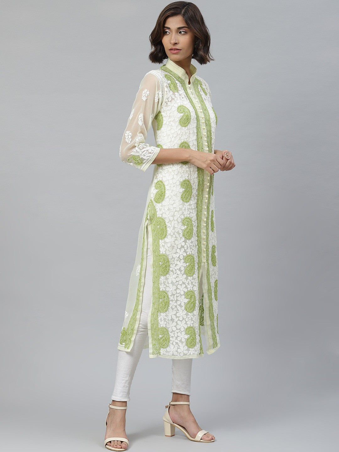 Ada Hand Embroidered Lemon Georgette Lucknowi Chikankari Straight Kurta A227215