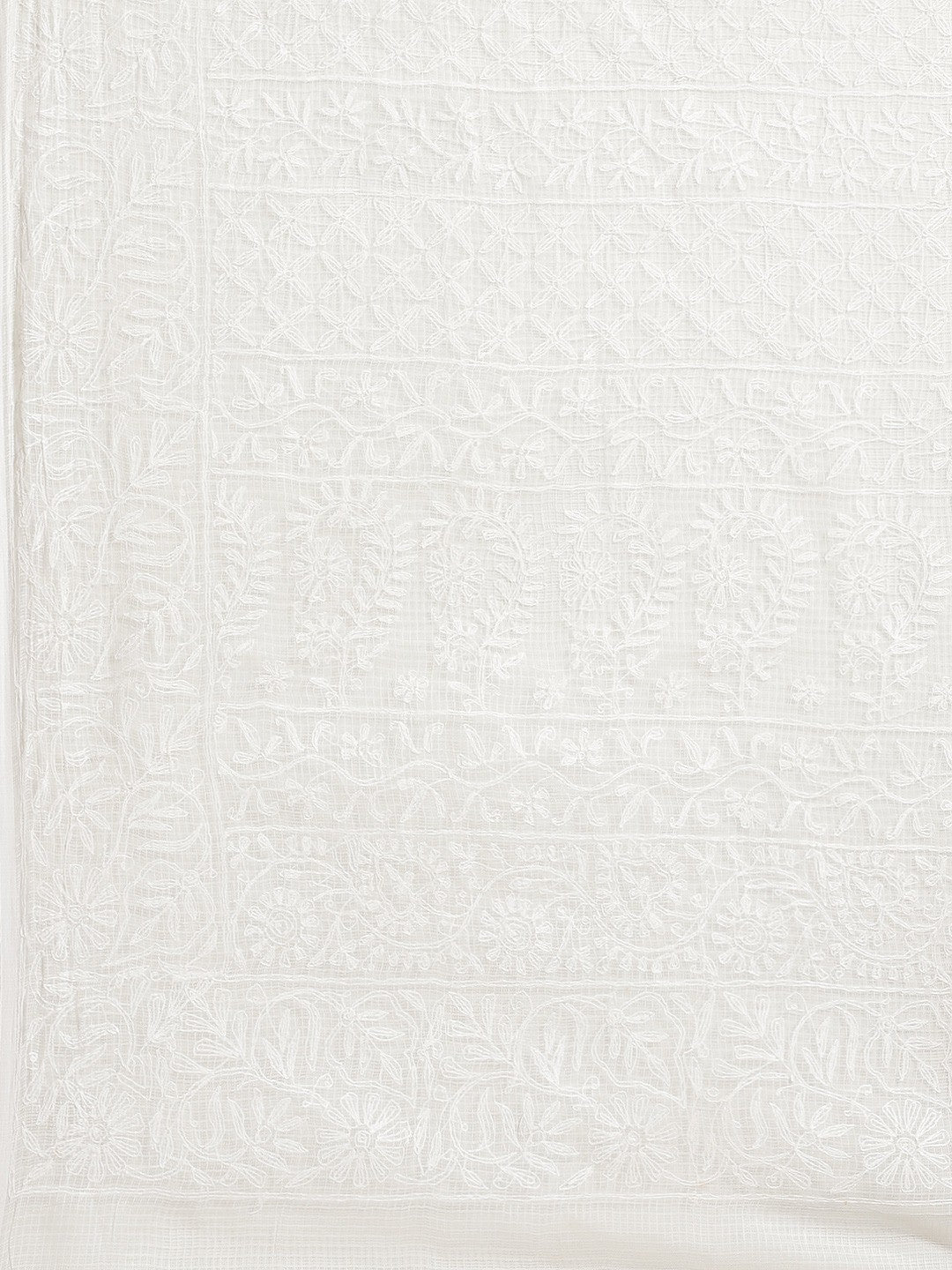Ada Hand Embroidered White Kota Lucknow Chikan Saree With Blouse- A311117