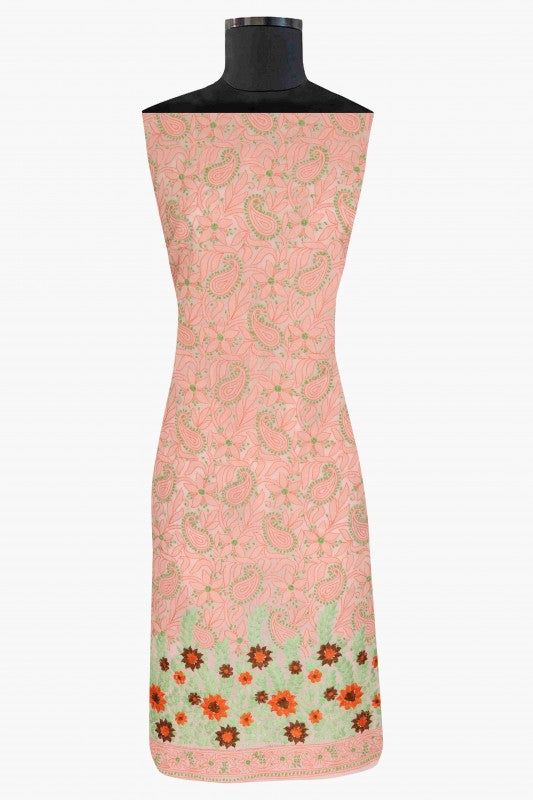 Ada Hand Embroidered Peach Cotton Lucknowi Chikan Unstitched Suit Piece-A100162