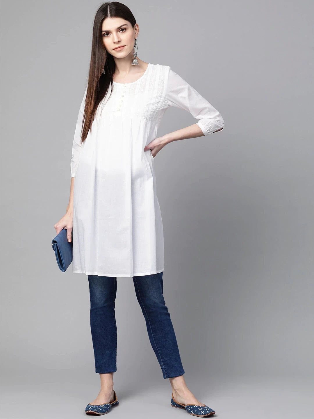 Ada Hand Embroidered White Cotton Lucknowi Chikankari Straight Kurti A390224