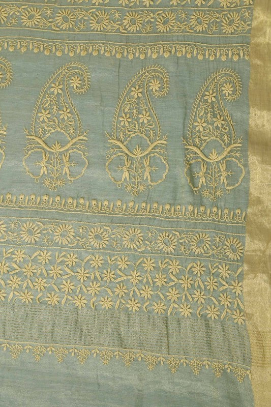 Ada Hand Embroidered Sage Green Tissue Lucknowi Chikankari Saree With Blouse-A606191