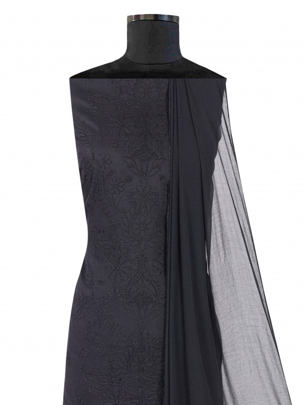 Ada Hand Embroidered Black Cotton Lucknowi Chikankari Unstitched Suit Piece 01A221144