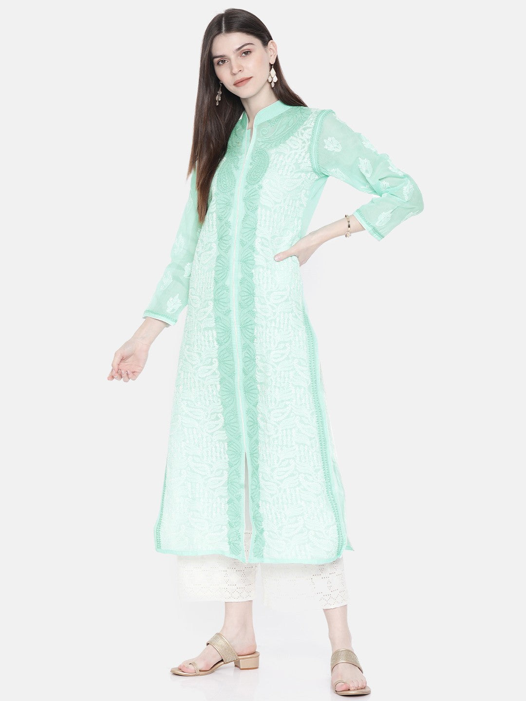Ada Hand Embroidered Sea Green Cotton Lucknow Chikan Straight Kurta A230229