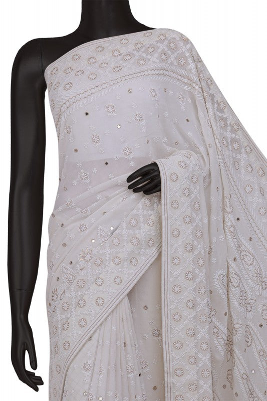 Ada Hand Embroidered White Pure Georgette Lucknowi Chikankari Saree/Blouse with Pearl work- A360411