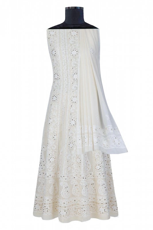 Ada Hand Embroidered White Pure Georgette Lucknowi Chikankari Semi-stitched Anarkali Kurta Dupatta Set With Muqaish Work- A625852
