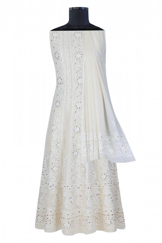 Ada Hand Embroidered White Pure Georgette Lucknowi Chikankari Semi-stitched Anarkali Kurta Dupatta Set With Muqaish Work- A625852