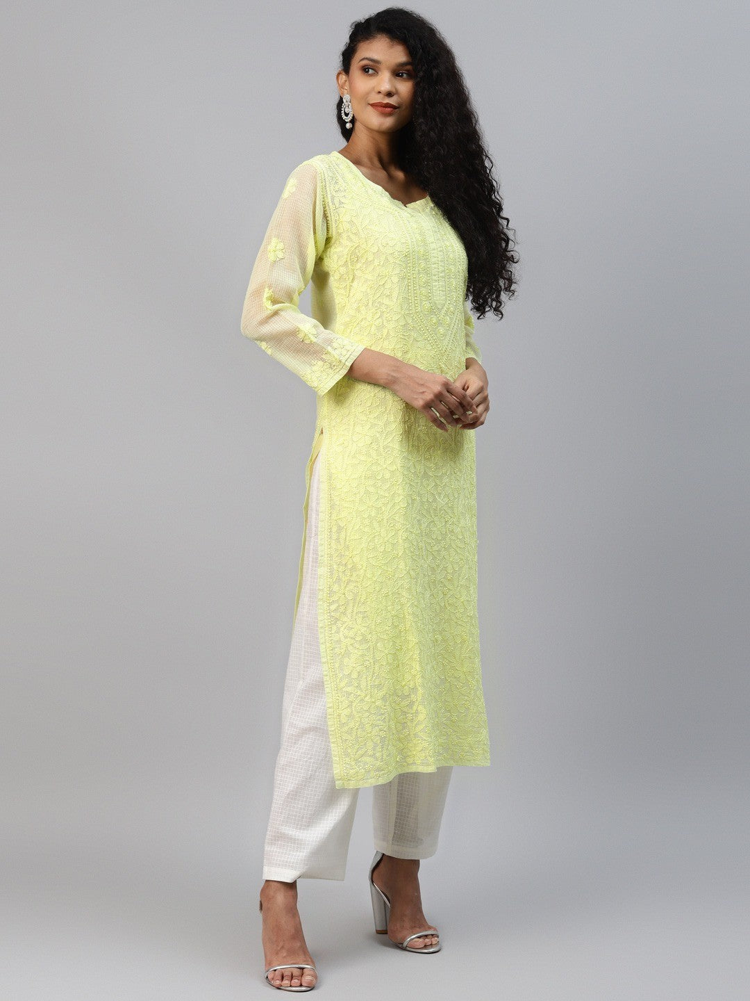 Ada Hand Embroidered Lime Green Kota Lucknow Chikankari Straight Kurta With Slip A411216