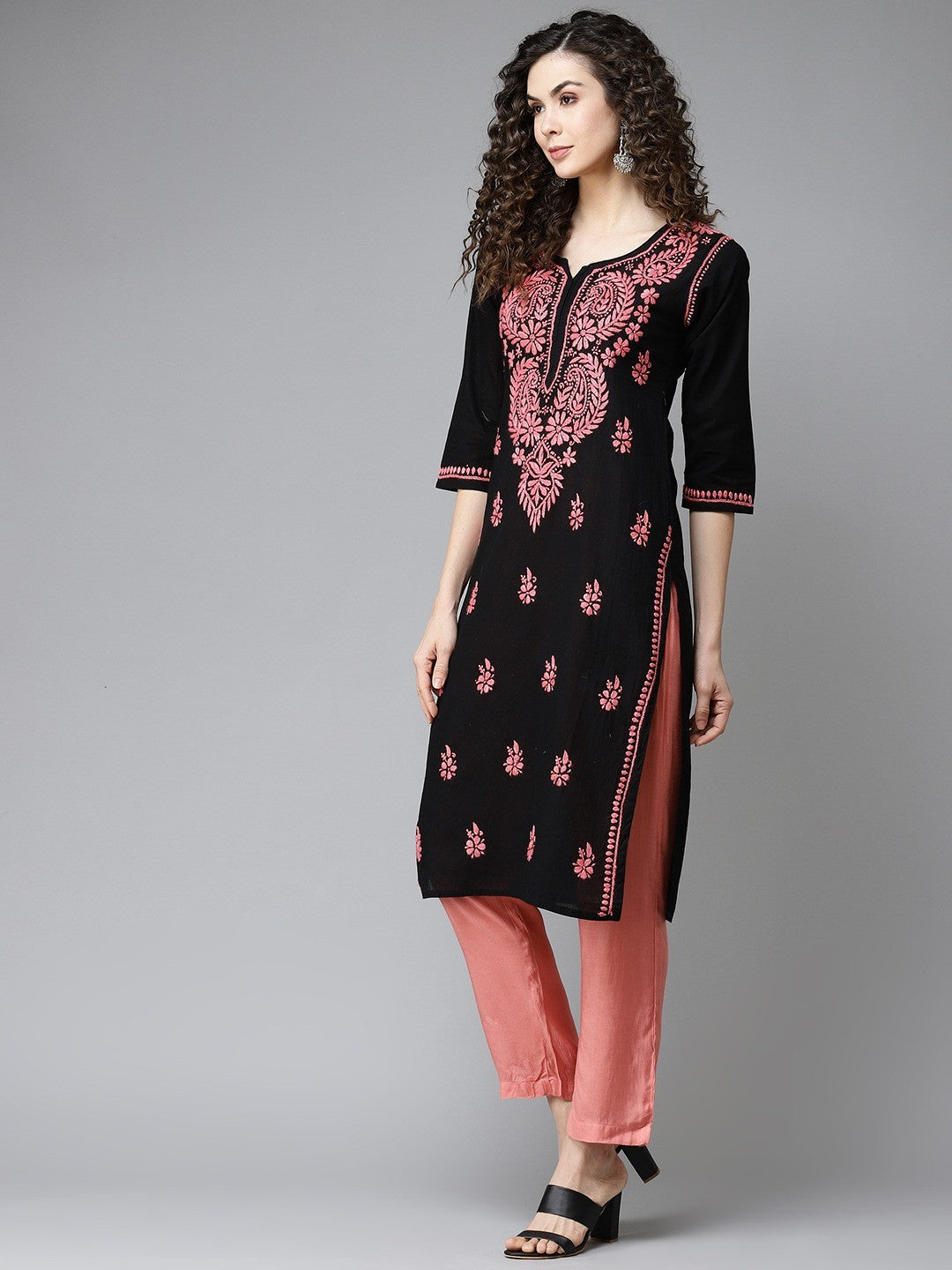 Ada Hand Embroidered Black Cotton Lucknowi Chikankari Straight Kurta A411193