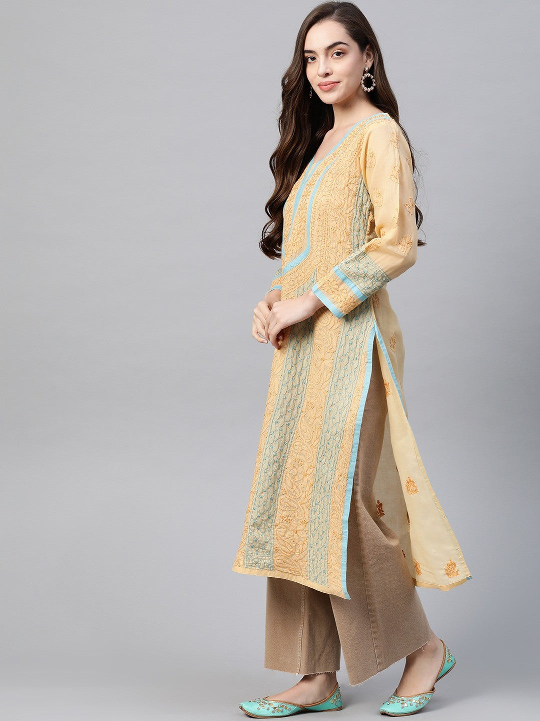 Ada Hand Embroidered Fawn Cotton Lucknowi Chikankari Straight Kurta A273457