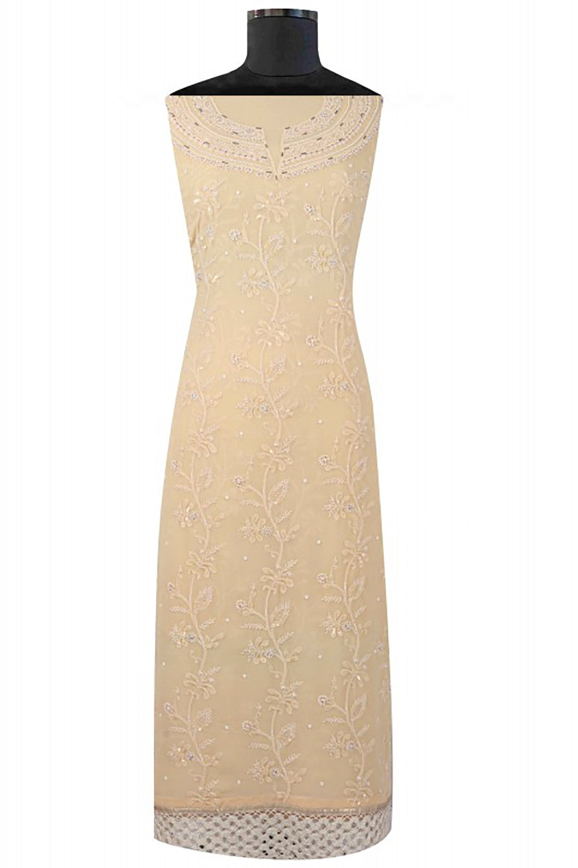 Ada Hand Embroidered Fawn Pure Georgette Lucknowi Chikankari Unstitched Suit Piece With Pearl Work A58116