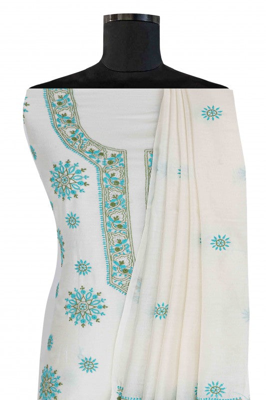 Ada Hand Embroidered White Chanderi Lucknowi Chikan Unstitched Kurta Dupatta– A617059
