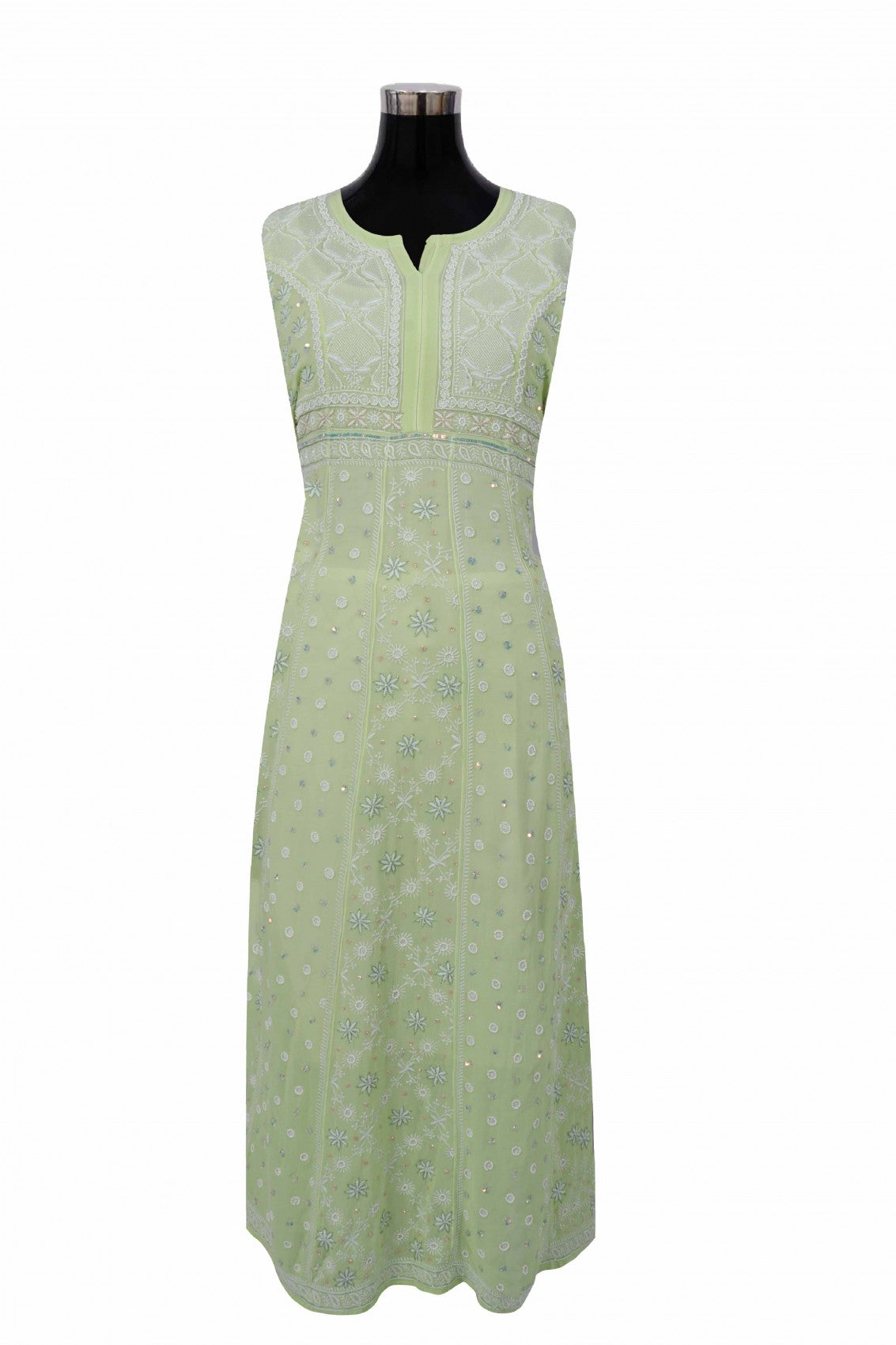 Ada Hand Embroidered Pista Tinge Georgette Lucknowi Chikankari Semi-Stitched Anarkali Kurta Dupatta Set With Pearl Work 01A204834