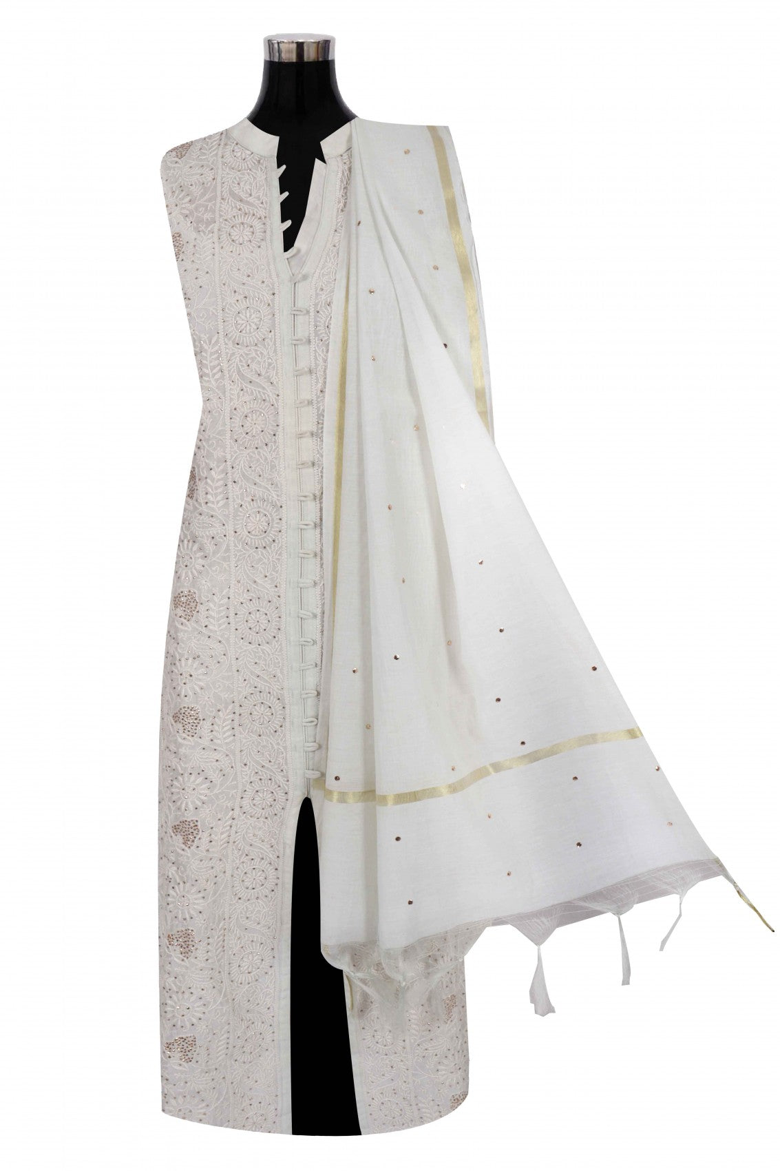 Ada Hand Embroidered Abalone Grey Chanderi Lucknowi Chikankari Semi-Stitched Anarkali Kurta Dupatta Set With Muqaish Work A595039
