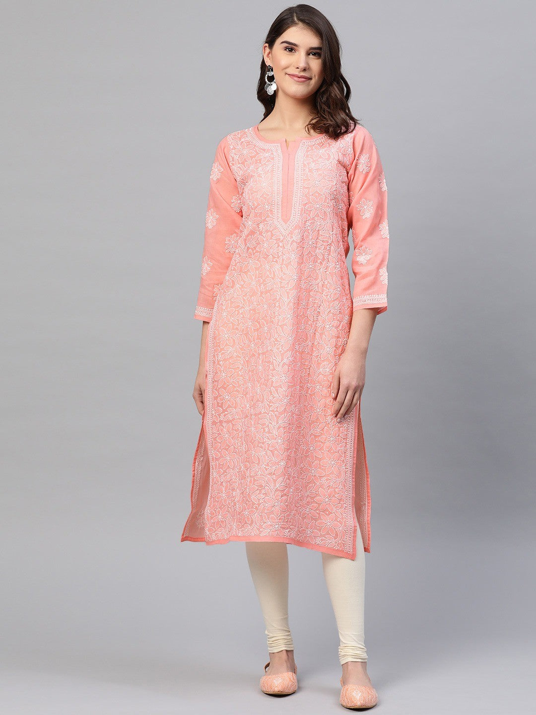 Ada Hand Embroidered Peach Cotton Lucknow Chikankari Straight Kurta A411165