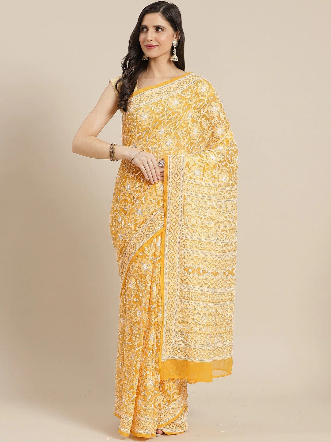 Ada Hand Embroidered Mustard Georgette Lucknow Chikan Saree With Blouse- A311308