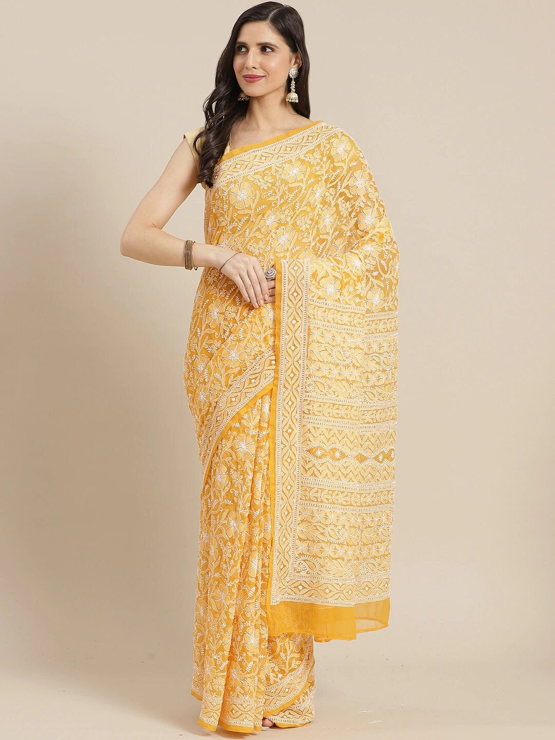 Ada Hand Embroidered Mustard Georgette Lucknow Chikan Saree With Blouse- A311308