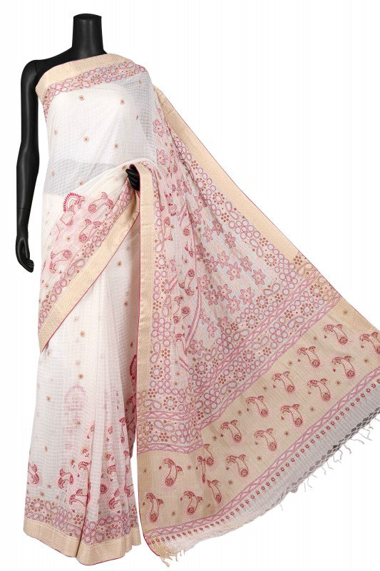 Ada Hand Embroidered Cream Chanderi Lucknowi Chikankari Saree With Blouse A70586