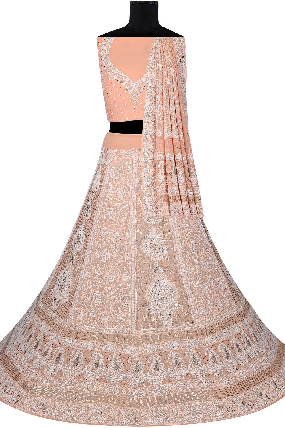 Ada Hand Embroidered Peach Pure Georgette Lucknowi Chikankari Lehenga Set with Muqaish Work A291941