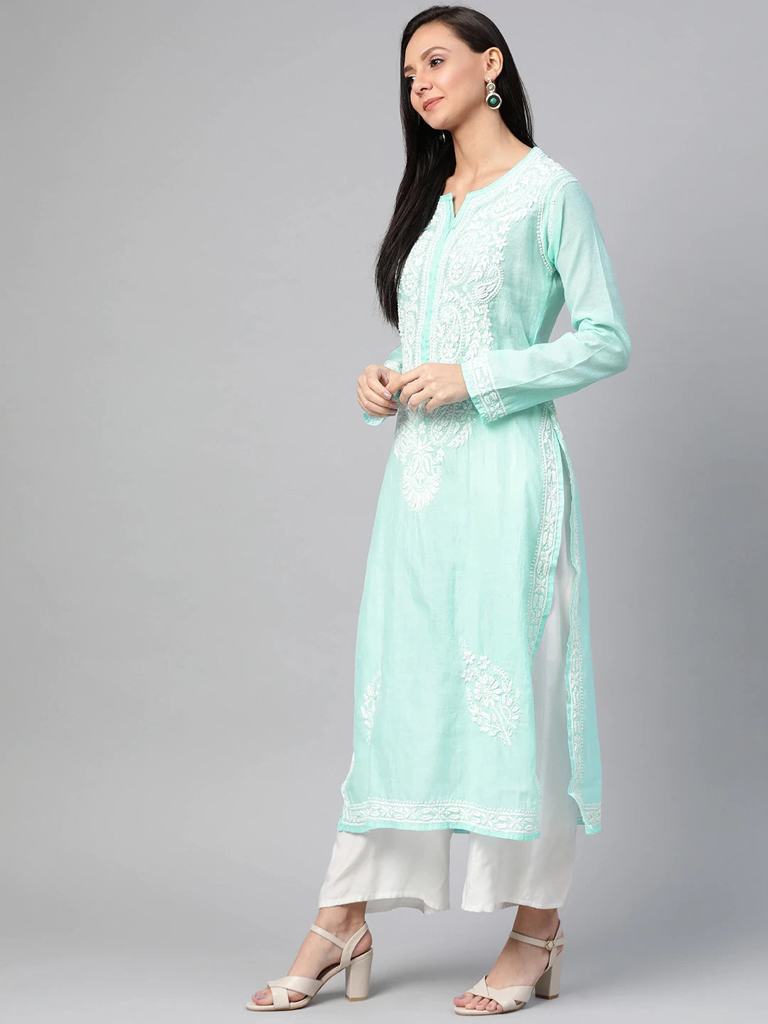Ada Hand Embroidered Sea Green Chanderi Lucknowi Chikankari Straight Kurta A100483