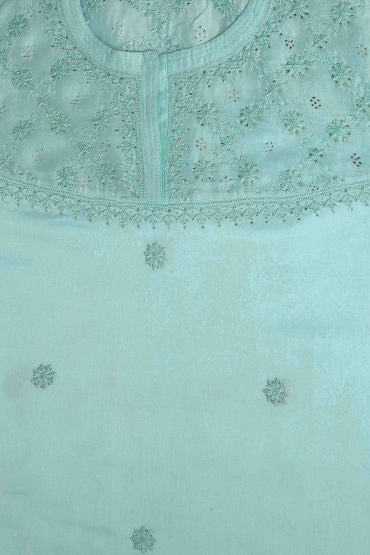 Ada Hand Embroidered Sea Green Chanderi Lucknowi Chikan Semi-Stitched Kurta Piece With Muqaish Work-A580194