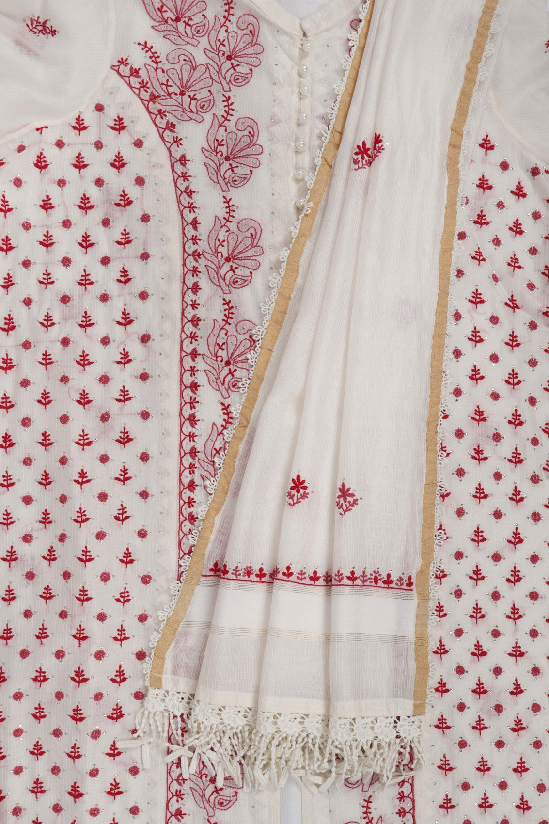 Ada Hand Embroidered Off White Chanderi Lucknowi Chikankari Semi-Stitched Kurta Dupatta Set With Muqaish Work A176636