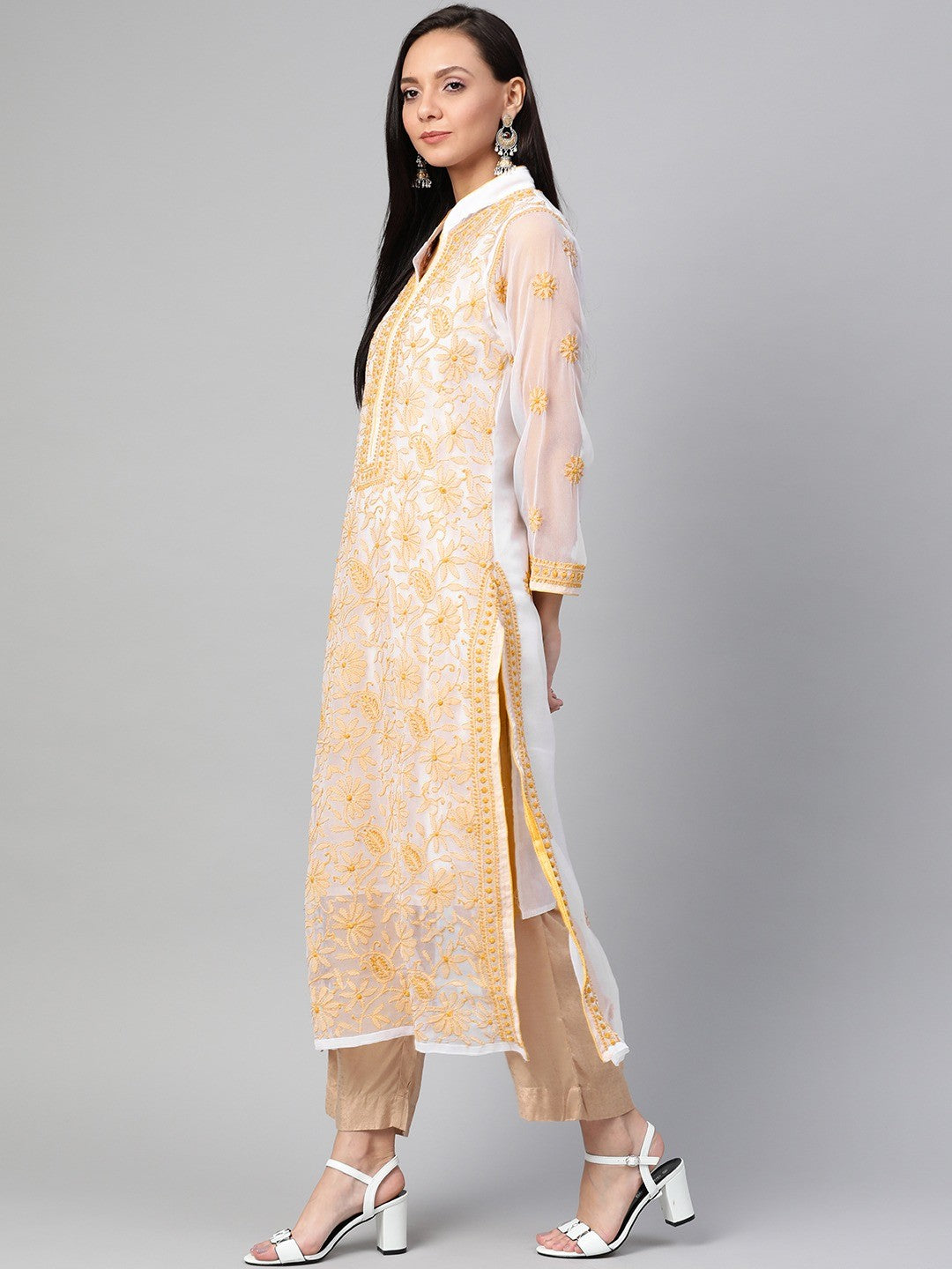 Ada Hand Embroidered White Faux Georgette Lucknowi Chikan Straight Kurta with Slip– A100409