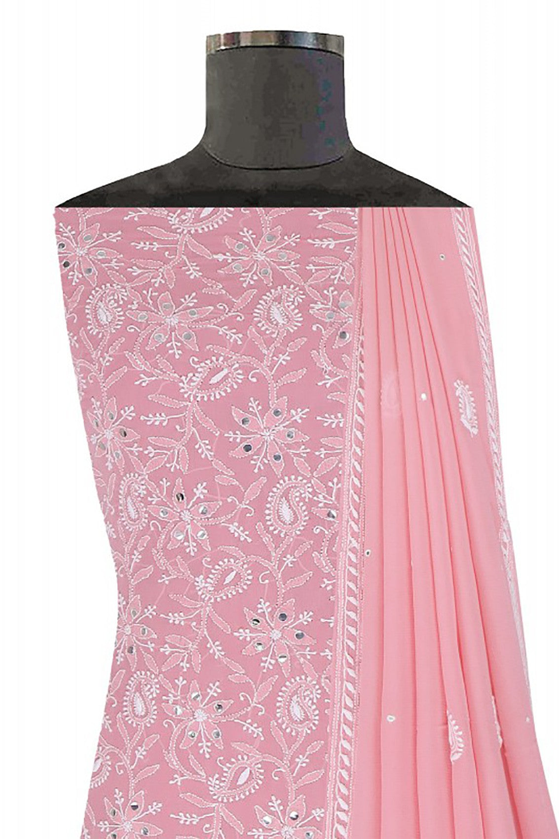 Ada Hand Embroidered Onion Pink Pure Georgette Lucknowi Chikankari Unstitched Kurta Dupatta With Mirror Work A93069