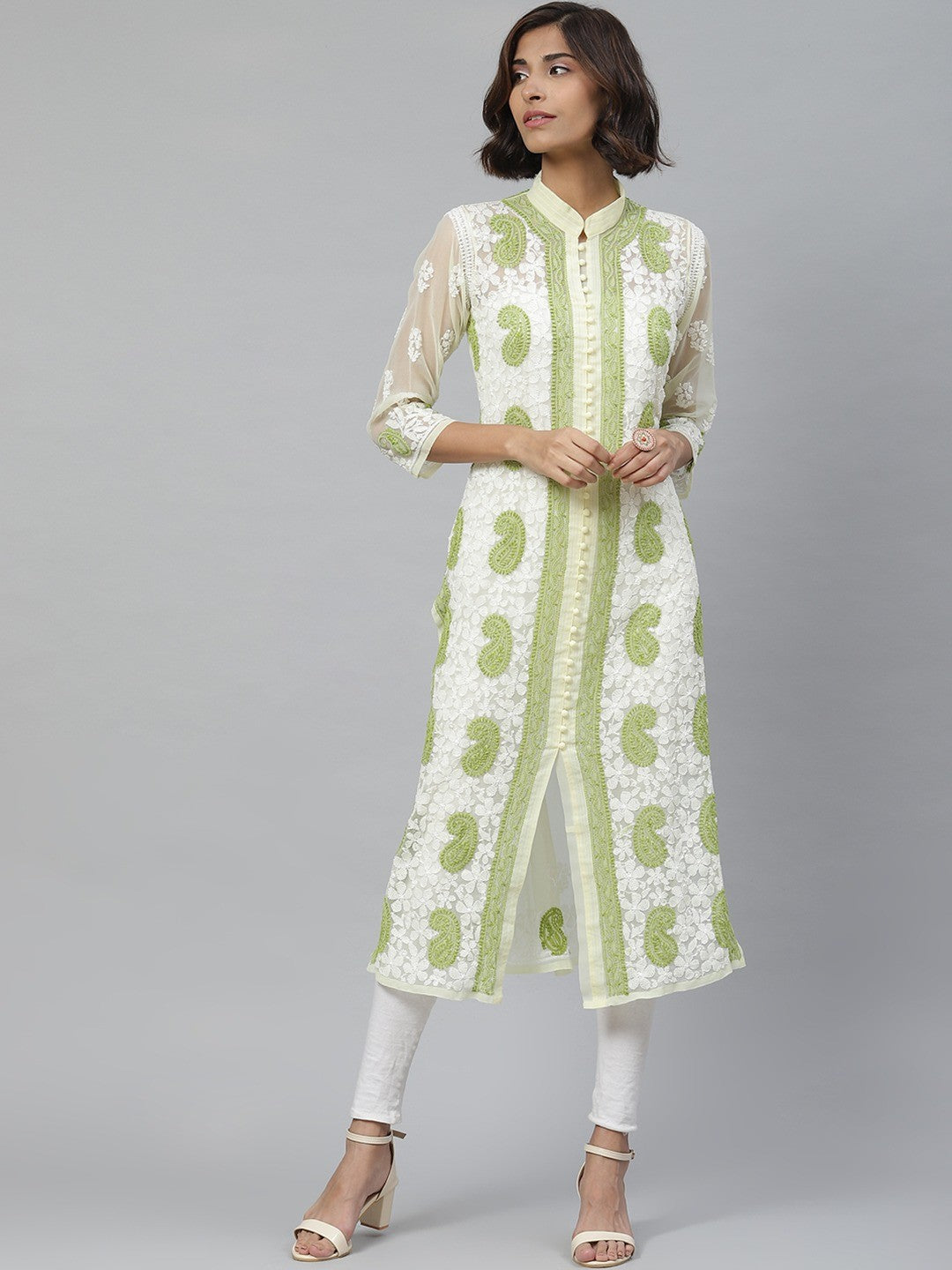 Ada Hand Embroidered Lemon Georgette Lucknowi Chikankari Straight Kurta A227215
