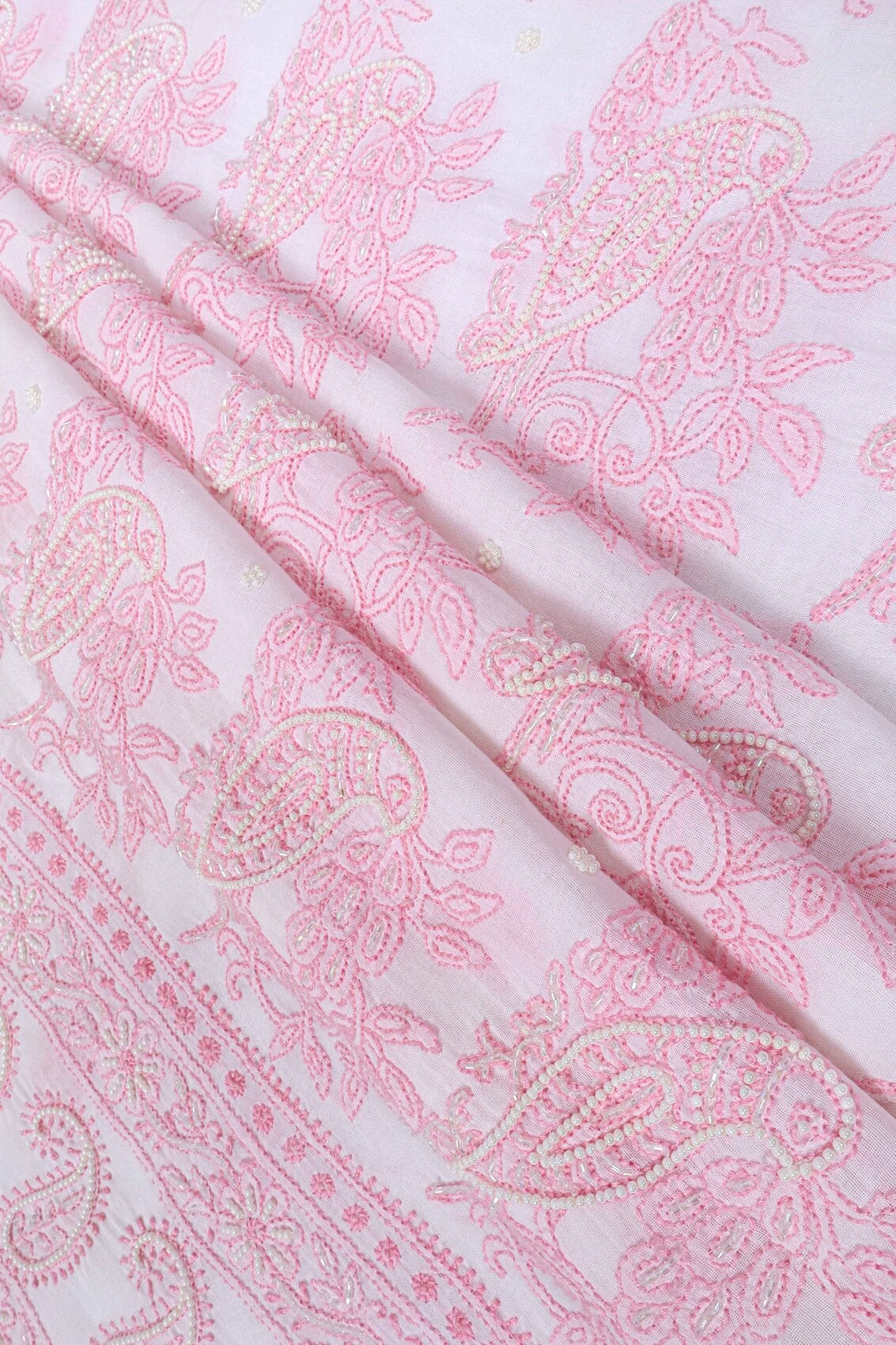 Ada Hand Embroidered White Cotton Lucknowi Chikankari Unstitched Kurta Dupatta Set With Pearl Work A599231