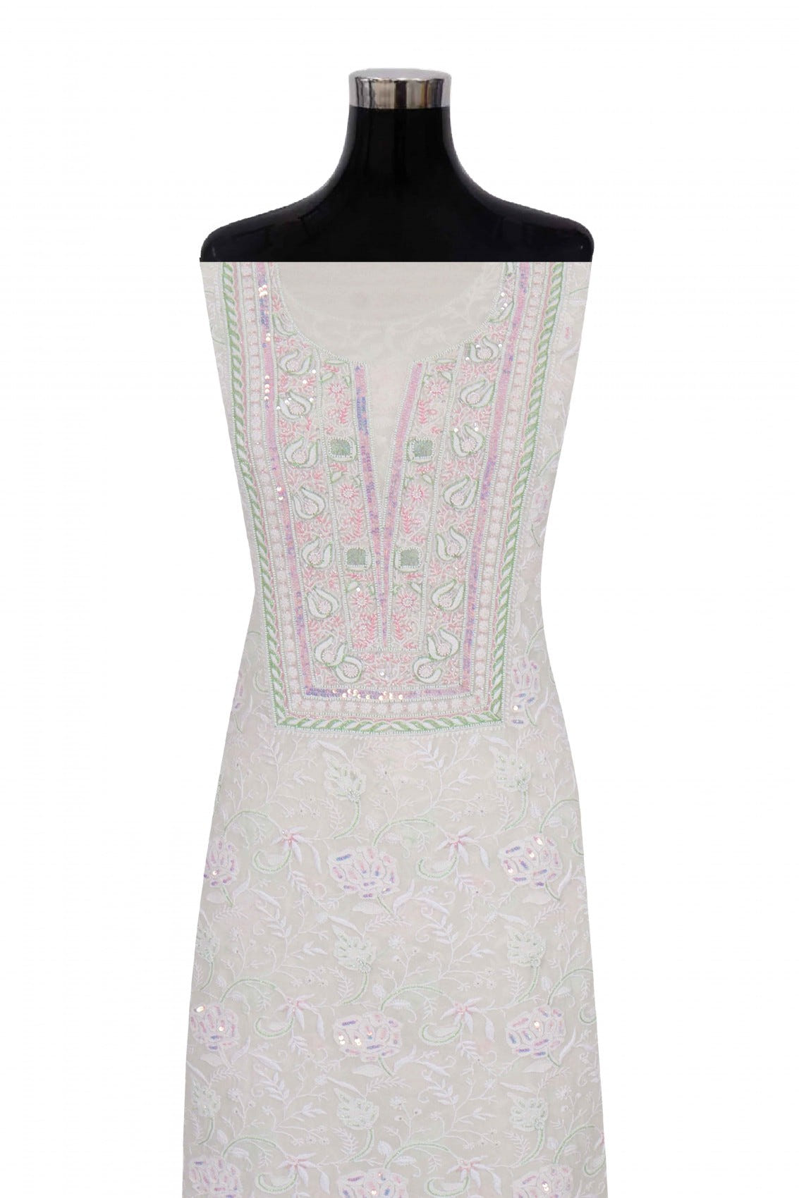 Ada Hand Embroidered White Pure Georgette Lucknowi Chikankari Unstitched Kurta Dupatta Set With Pearl Work A621851