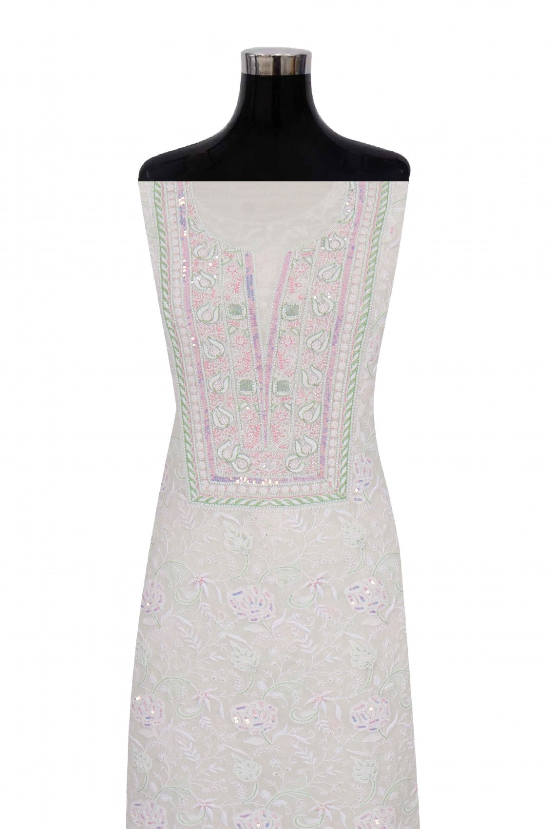 Ada Hand Embroidered White Pure Georgette Lucknowi Chikankari Unstitched Kurta Dupatta Set With Pearl Work A621851