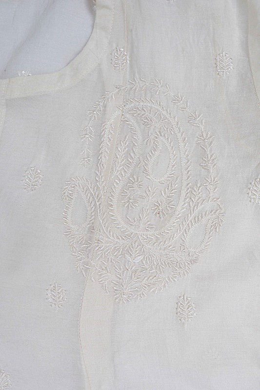 Ada Hand Embroidered White Chanderi Lucknowi Chikankari Semi-Stitched Kurta Piece A601075