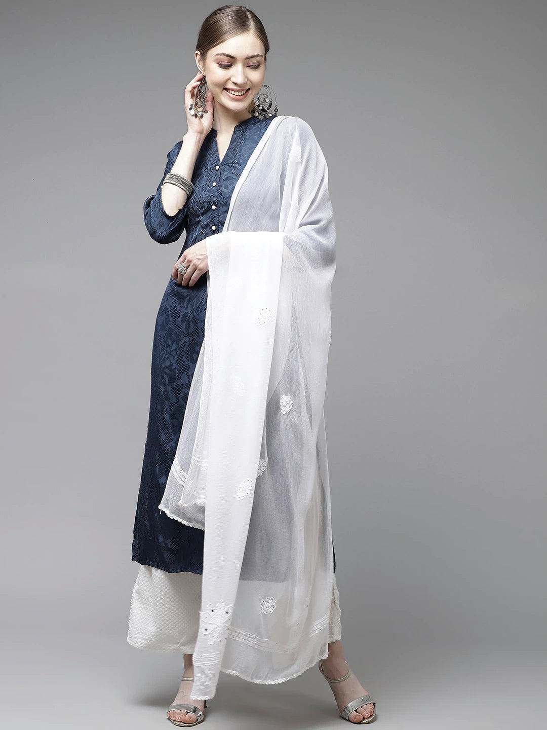 Ada Hand Embroidered White Chiffon Lucknowi Chikankari Dupatta With Muqaish Work A511179