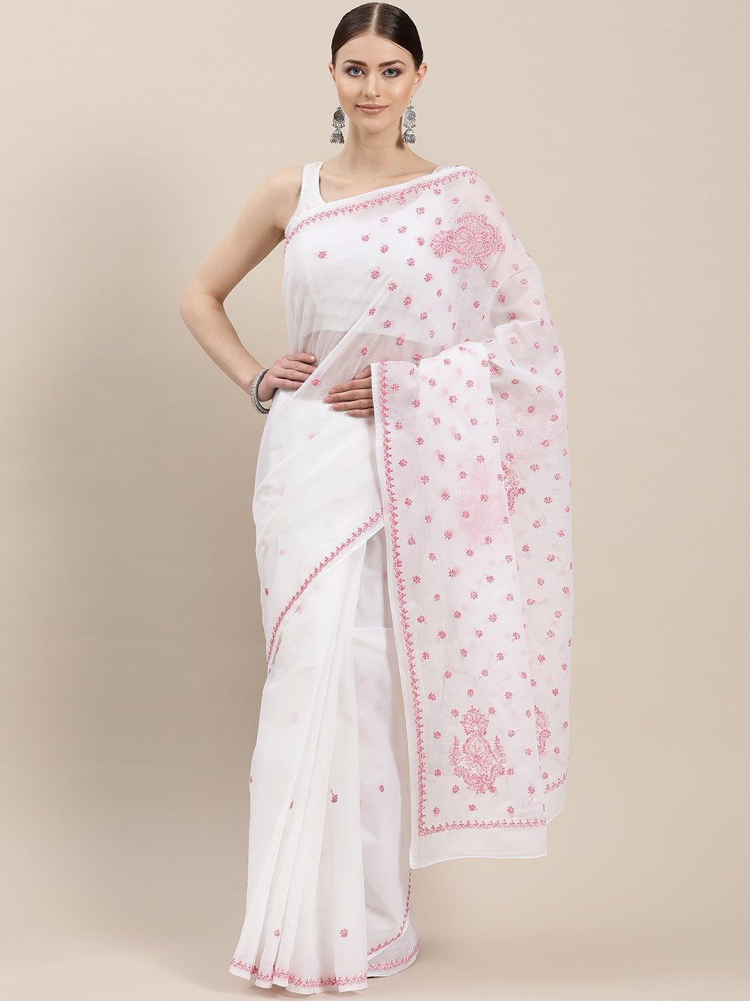 Ada Hand Embroidered White Cotton Lucknow Chikan Saree with Blouse -A100220
